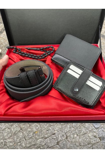 Portofel negru pentru bărbați, curea, suport card, set cadou elegant cu cutie