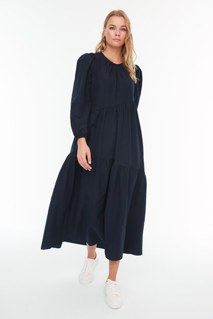 Navy Blue Gather Λεπτομερές βαμβακερό υφασμένο φόρεμα TCTSS21EL3470