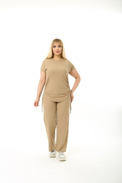 Plus Size Women's Camisole Short Sleeve Side Gather Detailed Suit