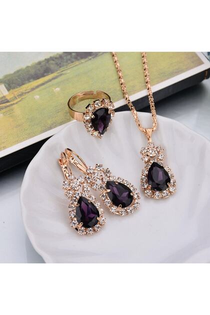 Aurora Crystal Purple Jewelled Water Drop Necklace Earrings And Gift Wedding Jewelry Set With Adjustable Ring