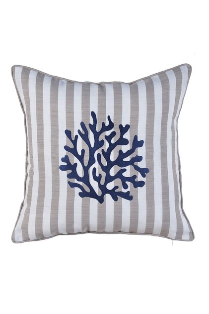 Embroidered Throw Pillow Cover with Piping Coral (beige X Ecru Striped / Navy Blue Embroidery)