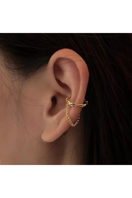 Deliksiz Sıkıştırma Zincirli Ear Cuff Manşet Küpe Altın Renk