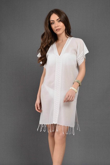 Collared Lace Natural 100% Cotton Pareo / Beach Dress