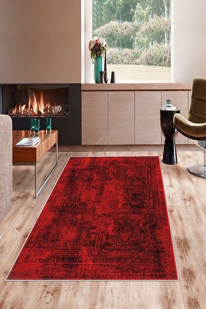 Bordo Osmanlı Motif Nakış Işleme Yıkanabilir Kaymaz Taban Leke Tutmaz Modern Salon Halısı Ve Yolluk