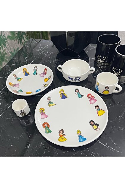 TEBAK COLLECTION Prenses Desen Porselen 5 Parça Çocuk Yemek Takımı