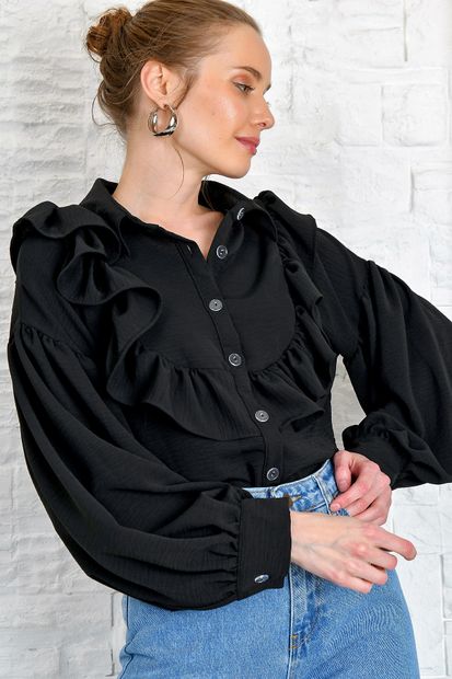 Trend Alaçatı Stili Kadın Siyah Yakası Volanlı Aerobın Gömlek Alc-X3626 - 3