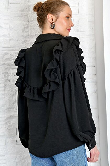 Trend Alaçatı Stili Kadın Siyah Yakası Volanlı Aerobın Gömlek Alc-X3626 - 5