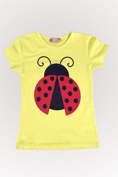 Your World Sarı Uğurböceği Baskılı Simli Kısa Kollu Kız Çocuk T-shirt - 1