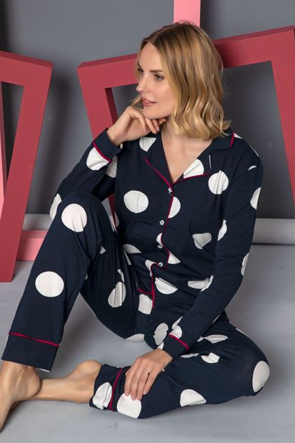 Siyah İnci Pamuklu Likralı Düğmeli Biyeli Pijama Takım - 1