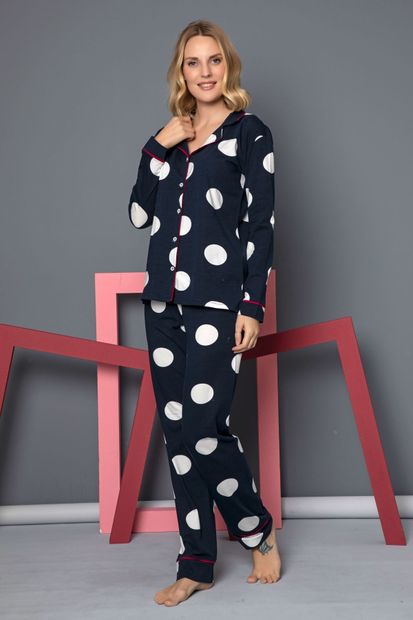 Siyah İnci Pamuklu Likralı Düğmeli Biyeli Pijama Takım - 2