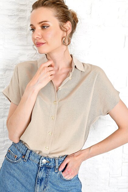 Trend Alaçatı Stili Kadın Bej Kısa Kol Keten Gömlek ALC-X4211 - 3