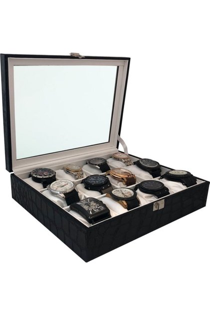 Watch Box 12-Piece Patent Leather Black Interior White