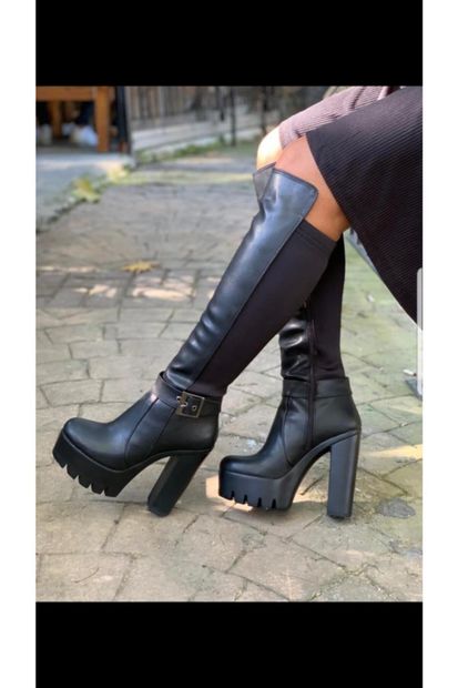 MoreLife Kadın Siyah Cilt Uzun Platform Topuk Streç Çizme - 2