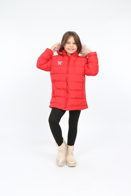 Red Colored Removable Hooded Puffer Jacket for Girls