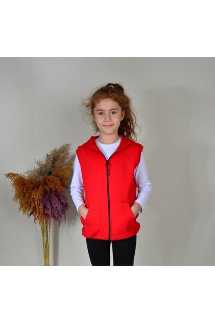 Unisex Children's Red Zippered Hooded 2 Thread Combed Vest