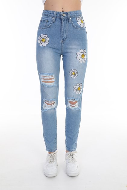 Blue High Waist Laser Daisy Embroidered Mom Jean