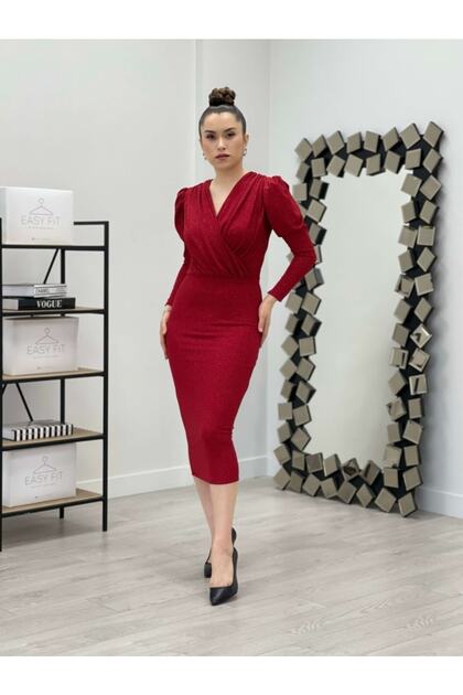 giyimmasal Glitter Pencil Dress - Red- Trendyol