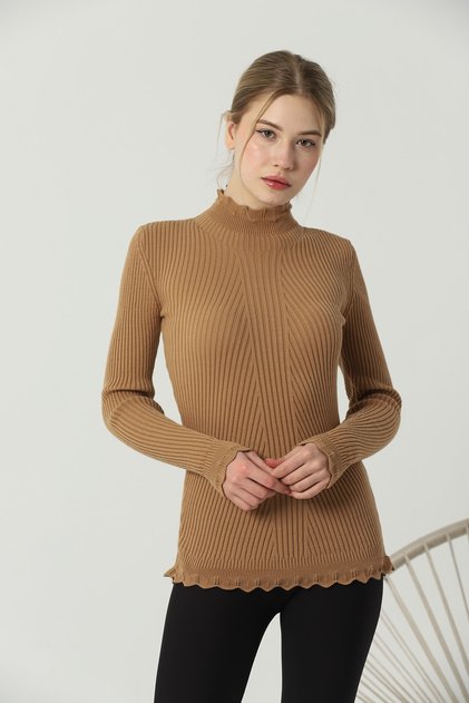 Women's Camel Sleeve and Collar End Lace Ruffle Detail Half Fisherman Knitwear Sweater