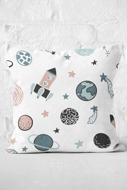 Space Themed Planet and Rocket Patterned Digital Printed Special Design Modern Pillow Throw Pillow Cover