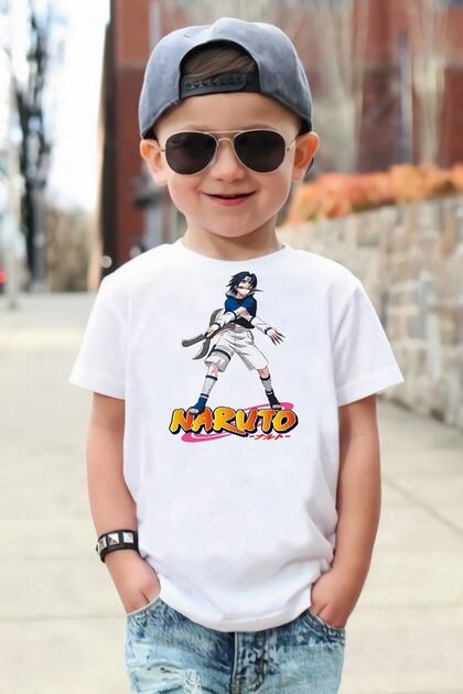 Uchiha Sasuke Organic Printed Knitted White Boys' T-Shirt