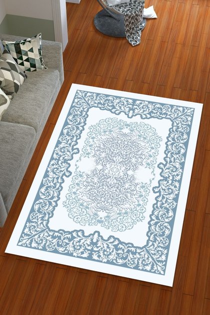 Digital Print Silk Velvet Blue Colored Ottoman Pattern Elastic Carpet Cover