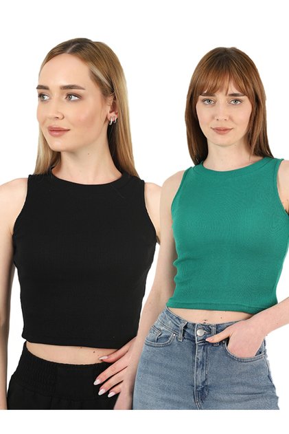 Women's Black Green Halter Neck 2-Piece Crop Blouse