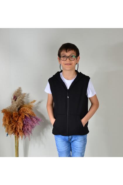 Unisex Kids Black Zippered Hooded 2 Thread Combed Cotton Vest