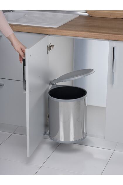 Silindirik Çöp Kovası, Paslanmaz/metalik Gri -13lt