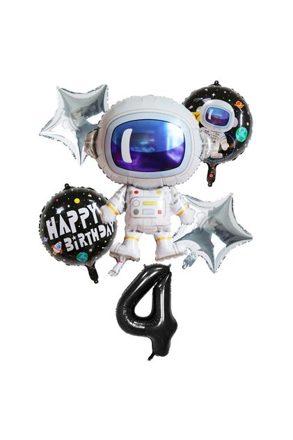 6-Piece Space Themed Astronaut Foil Balloon Set 4 Years Old Black Number Balloon Set Space Star Themed