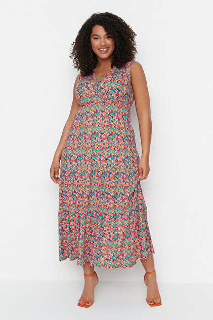 Multicolor A-Line Floral Print V-Neck Knitted Plus Size Dress Tbbss22Ah00010