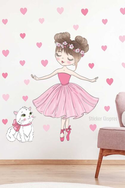 Balerin Kedi Ve Kalpler Çocuk Odası Duvar Sticker Seti