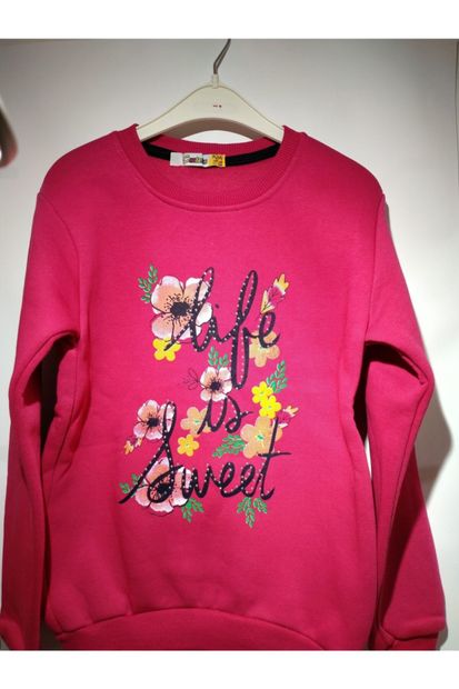 CMT Kız Çocuk Pembe Taşlı Baskılı Sweatshirt - 1