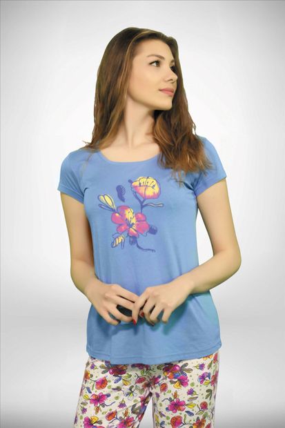 Malabadi Kadın Mavi Renkli Geniş Yaka Çiçek Baskı 3 'lü Yazlık Pijama Takımı 5001 - 2