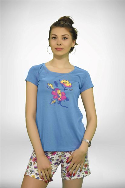 Malabadi Kadın Mavi Renkli Geniş Yaka Çiçek Baskı 3 'lü Yazlık Pijama Takımı 5001 - 3