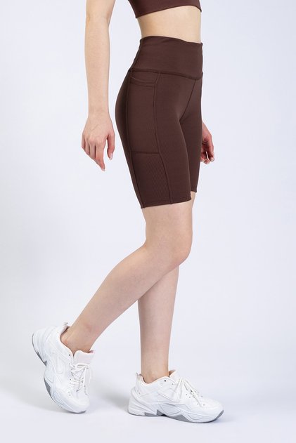 Women's Brown Pocket Ribbed High Waist Sports Shorts Tights 8"