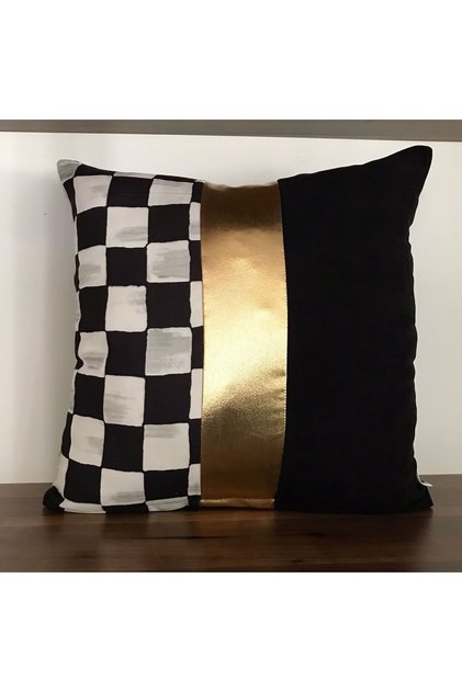 Black/e105a Black White Gray Shaded Checkerboard Pattern Gold Foil in the Middle Plain Band Throw Pillow Cover