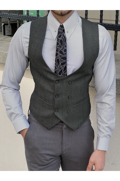 Slim Fit Double Breasted Green Vest