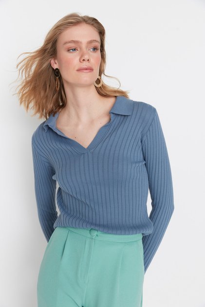 Indigo Sleeve Detailed Polo Neck Knitwear Sweater Twoaw21Kz1113