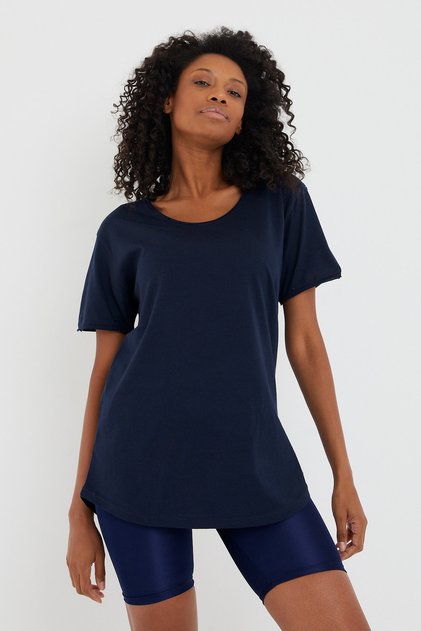 Tarz Cool Women Lacivert Pis Yaka Salaş T-shirt-xktcps001r14s