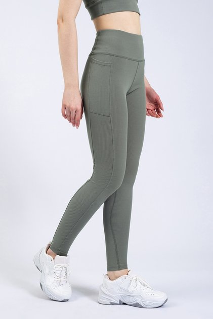 Women's Aged Green Pocket Ribbed High Waist Sports Leggings 25"