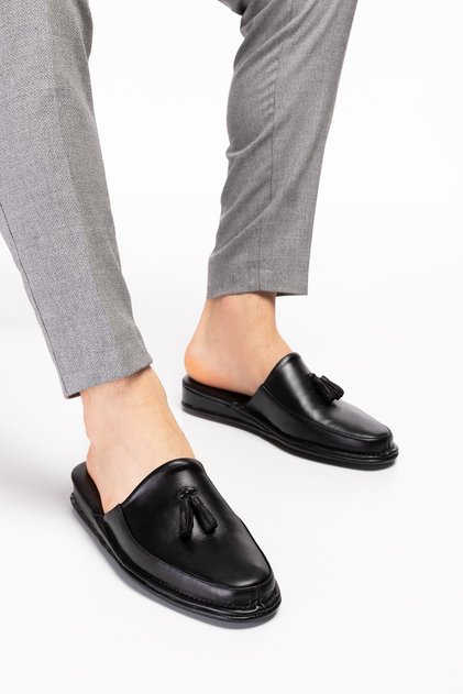 Men's Black Tassel Genuine Leather House Slippers