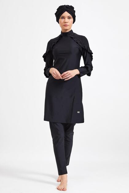 Women's Large Size Lycra Long Sleeve Black Hijab Swimsuit 4104
