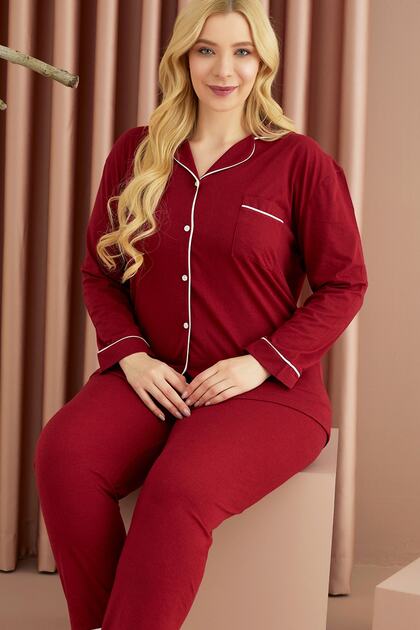 Burgundy-white Cotton Large Size Oversized Buttoned Pocket Ribbed Long Sleeve Pajama Set