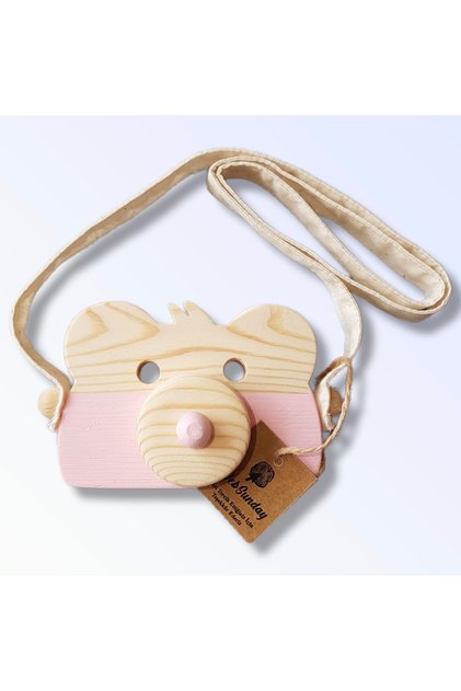 Wooden Educational Teddy Bear Photo Camera, Cute Toy Camera, Animal Toy - Baby Pink