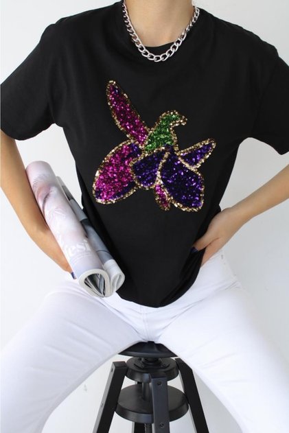 Schwarzes Harıbulbul-T-Shirt aus Baumwolle mit Blumenpailletten und Nähten für Damen
