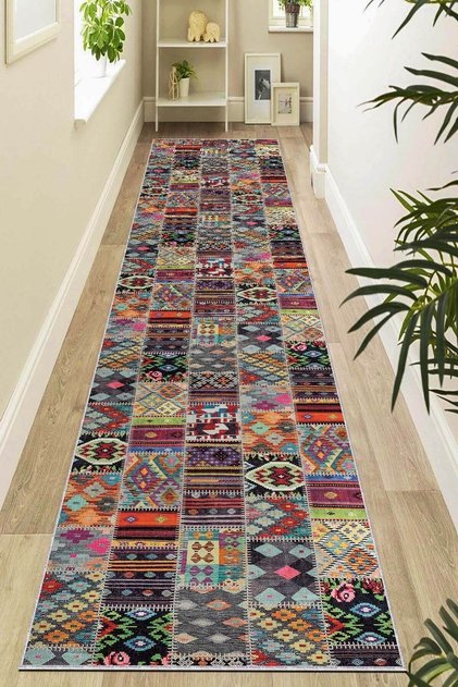 Makinede Yıkanabilir Kaymaz Tabanlı Patchwork Rulo Yolluk Halı Ar980