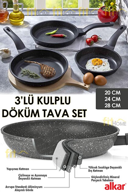 a*3様 familiar ロンT90 2枚セット fitfiyat 3'lü Alkar Saplı Döküm Tava Seti Yanmaz Yapışmaz Thermo