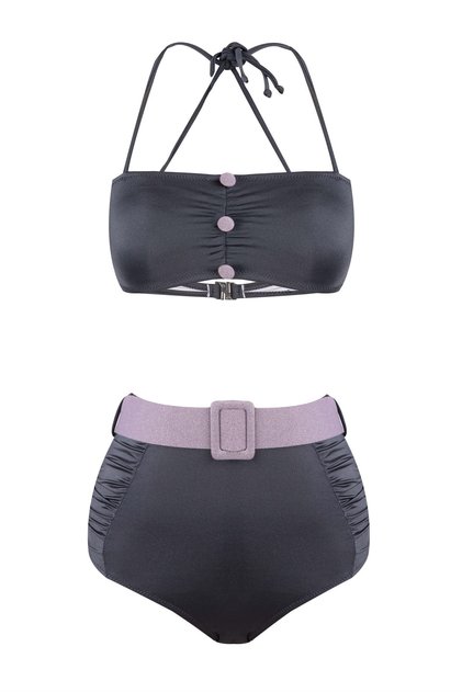 Colorful Piping Strapless Bikini Set with Button Accessory