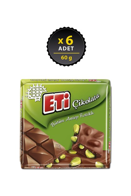 Çikolata Antep Fıstıklı Bol Sütlü Kare 60 g x 6 Adet