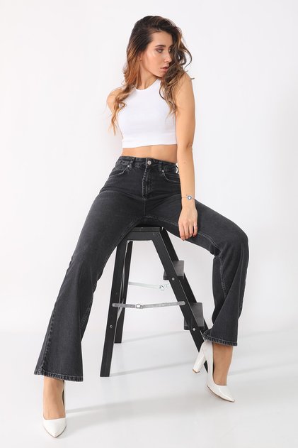 Kadın Siyah 90s Vintage Ispanyol Paça Jeans